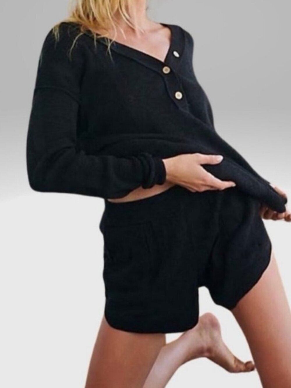 NWT Free People Beach Knit Lounge Set Black Henley Top Shorts Women’s Size XS
